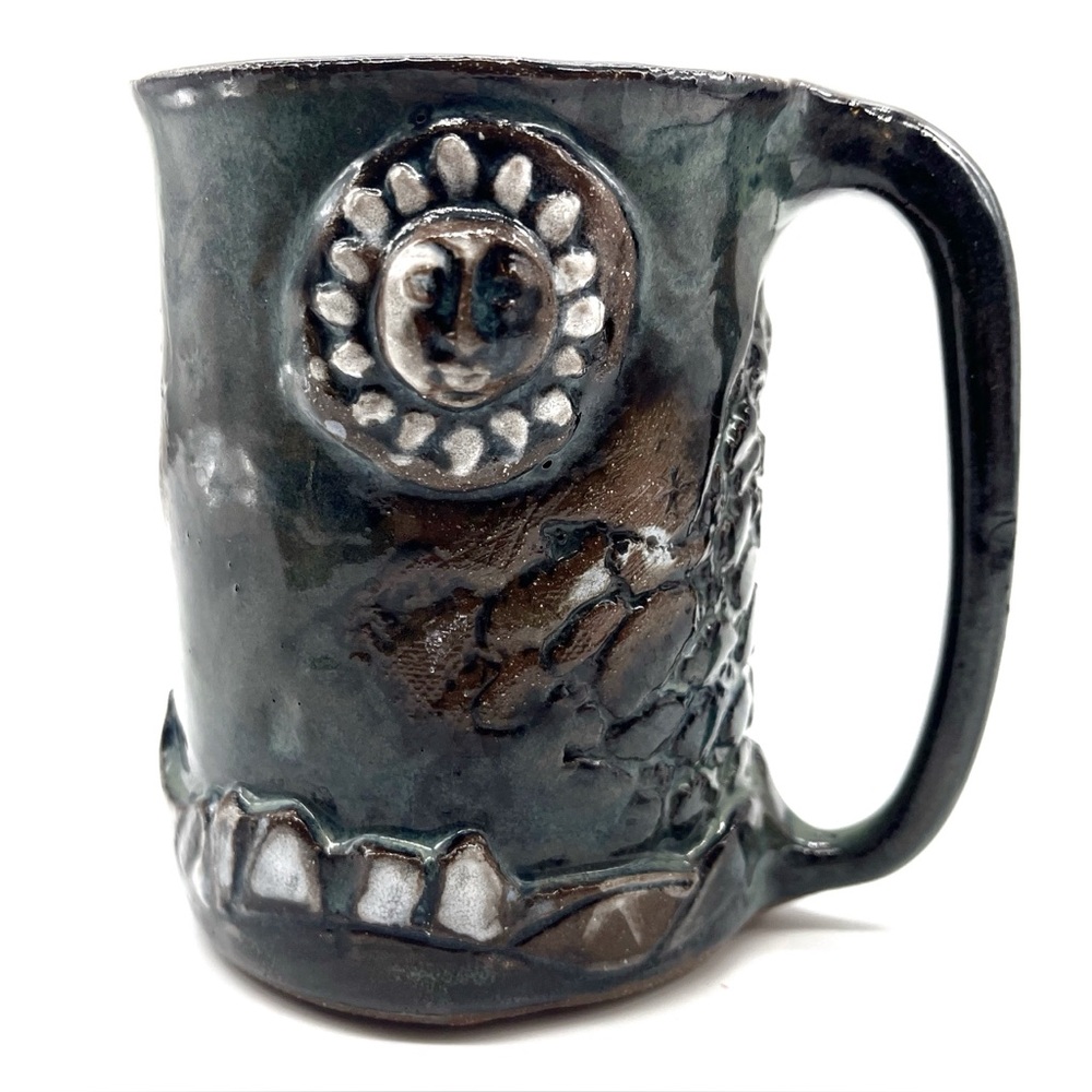Folk Art Handcrafted Ugly Face Mug Textured Detailed Pottery Glazed Studio Art